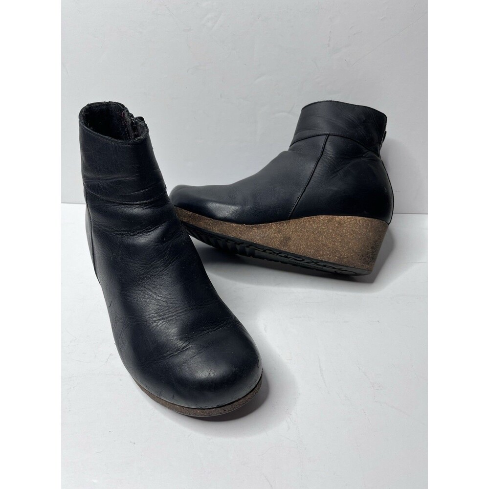 Birkenstock Ebba Black Leather Ankle Booties with Cork Wedge